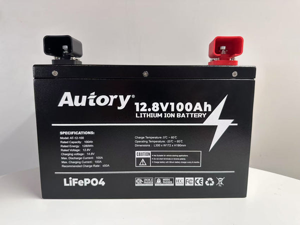 Autory 12.8V 100Ah LiFePO4 Lithium Battery with Metal Case and Mount Bracket
