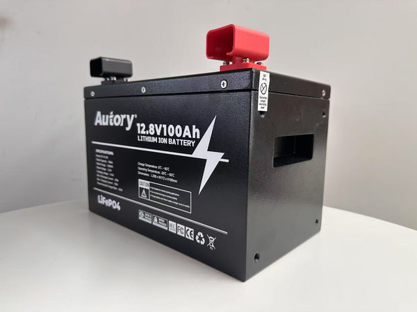 Autory 12.8V 100Ah LiFePO4 Lithium Battery with Metal Case and Mount Bracket
