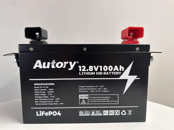 Autory 12.8V 100Ah LiFePO4 Lithium Battery with Metal Case and Mount Bracket
