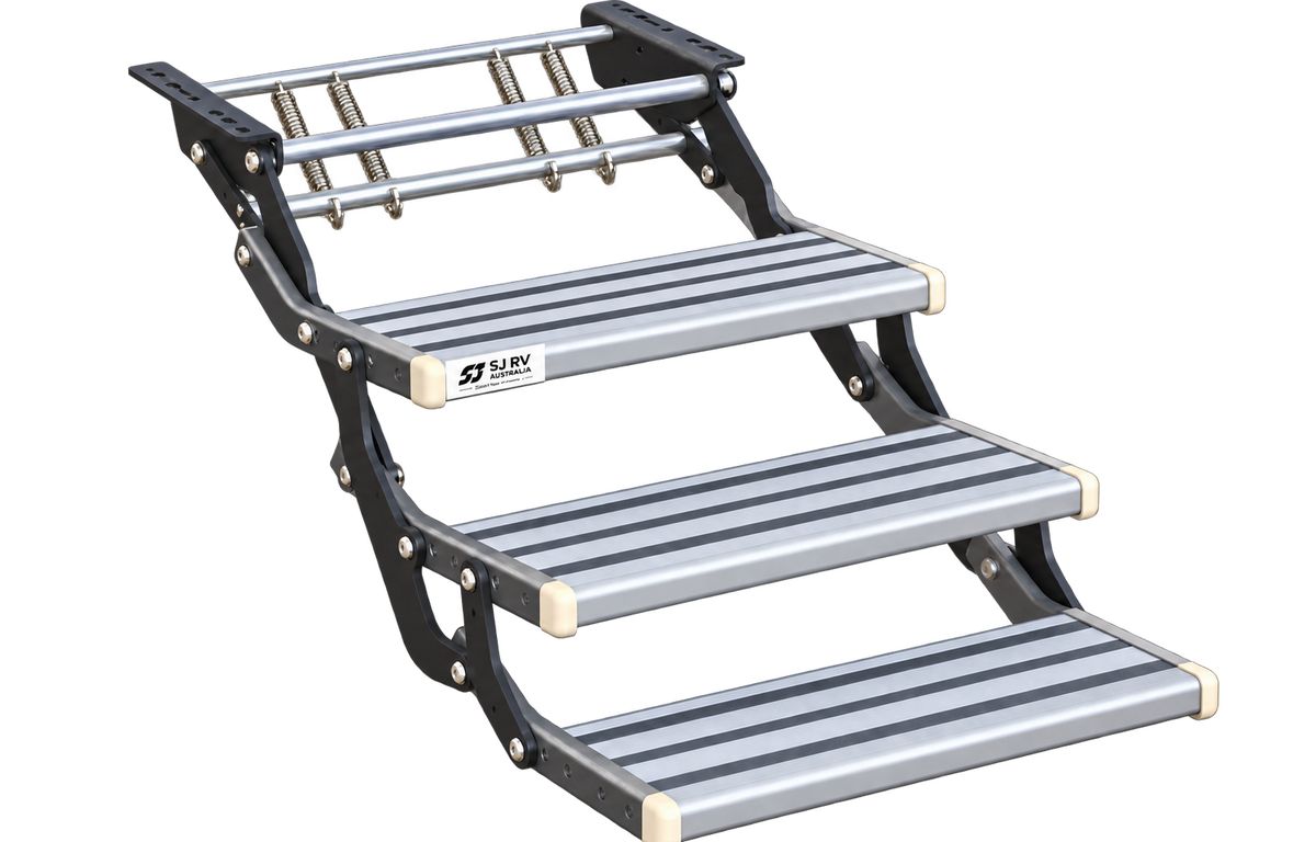 Triple Manual Caravan Step with LED – 385mm Drop